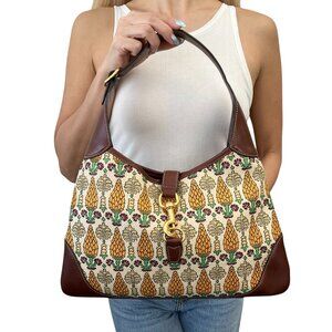 GUCCI Vintage Jackie Pigna Pineapple Jacquard Shoulder Bag Brown Yellow [106290]